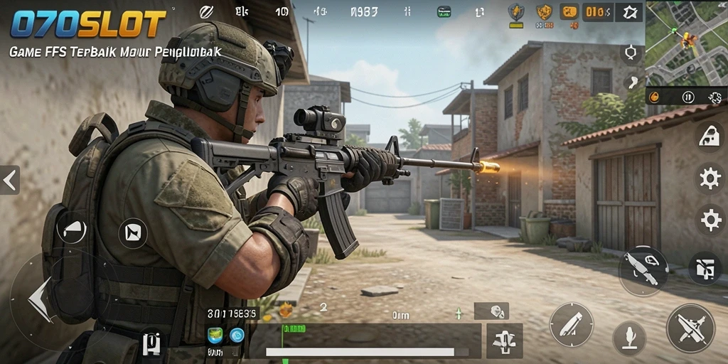 Screenshot utama 070SLOT menampilkan aksi gameplay FPS yang mendebarkan.