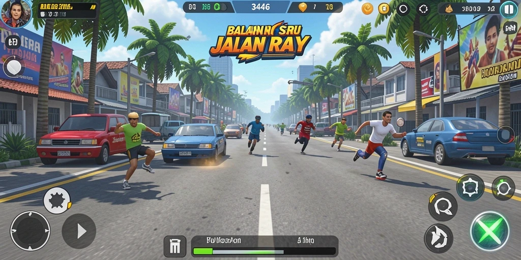 Screenshot gameplay 3446 yang menunjukkan balapan seru dan mobil kencang.