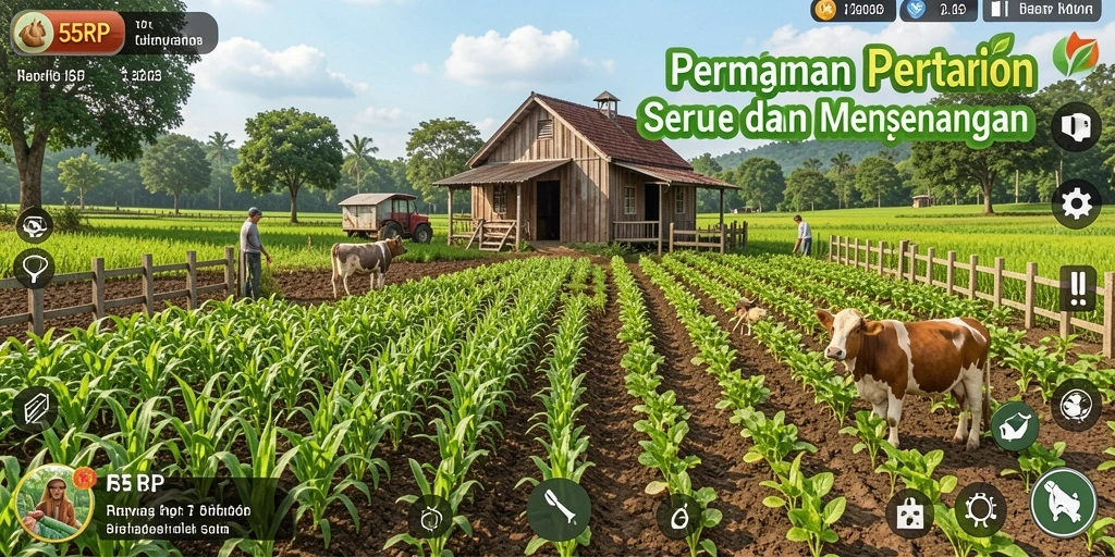 Tampilan utama gameplay 55RP dengan ladang yang subur.