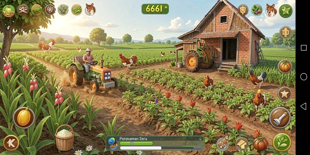 Tangkapan layar dari gameplay <strong>666I</strong> yang menampilkan pengalaman bertani yang menarik.