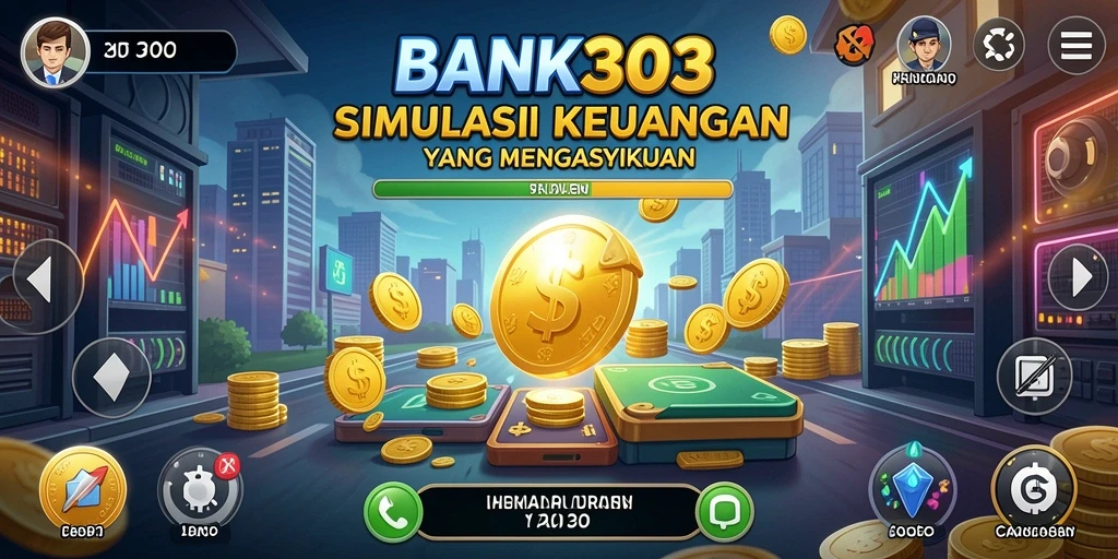 Screenshot BANK303 menampilkan gameplay simulasi keuangan yang mendidik.