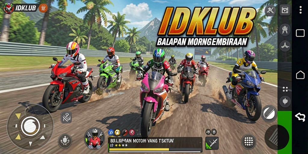 Gameplay seru IDKLUB dengan balapan motor yang mendebarkan.