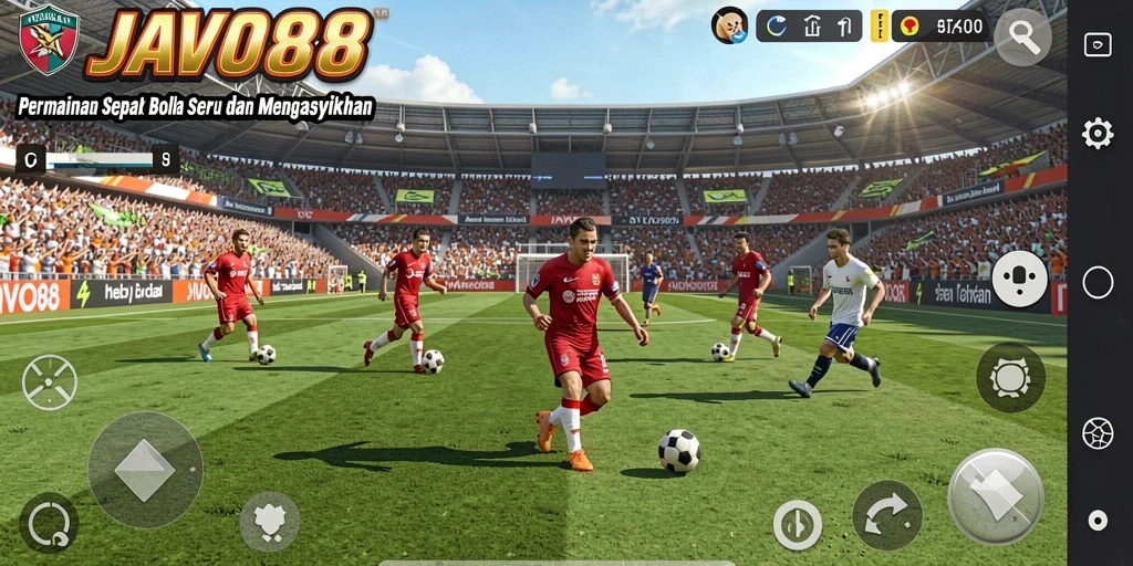 Screenshot gameplay JAVO88 menampilkan aksi seru di lapangan sepak bola.