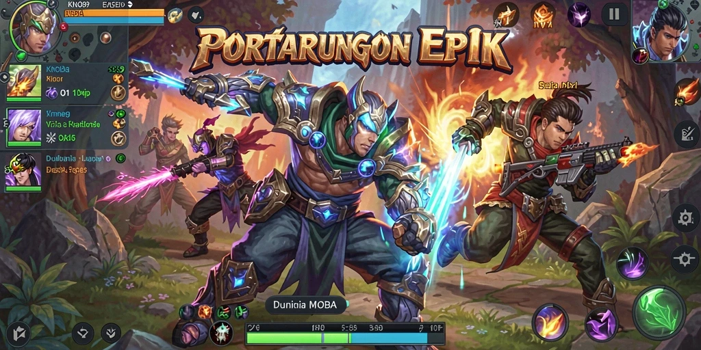 Screenshot gameplay KNO89 menampilkan pertarungan seru antara tim di arena.