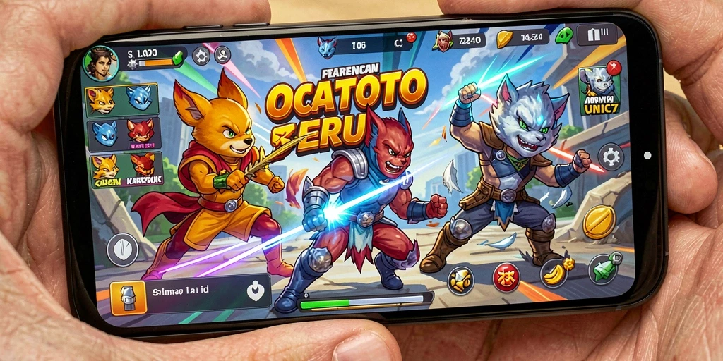 Screenshot menunjukkan aksi pertarungan seru dalam OCATOTO dengan karakter yang beragam.