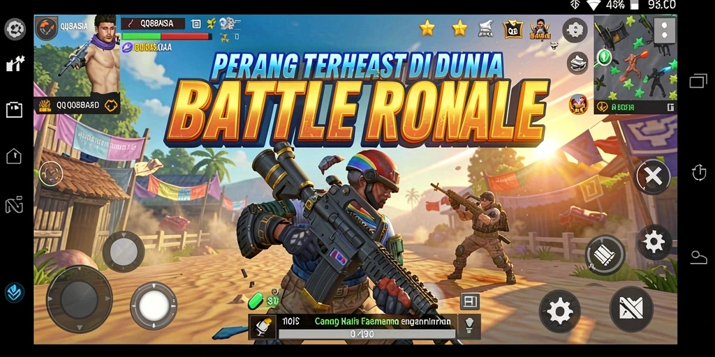 Screenshot gameplay QQ88ASIA menampilkan aksi seru di medan perang Battle Royale.