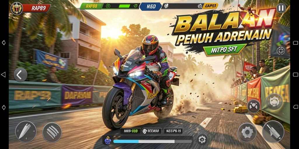 Screenshot utama RAP89 menampilkan aksi balapan motor yang mendebarkan.