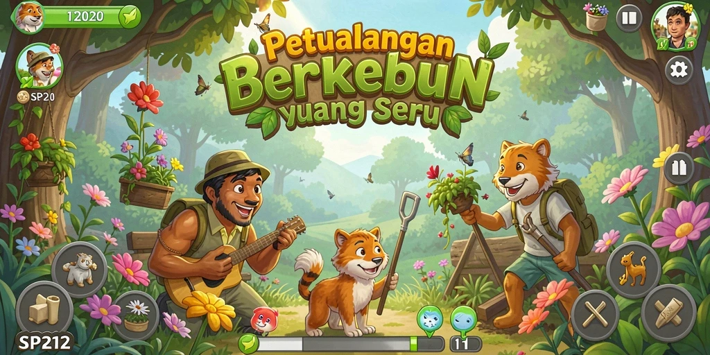 Screenshot utama SP212 menampilkan petualangan berkebun yang seru.