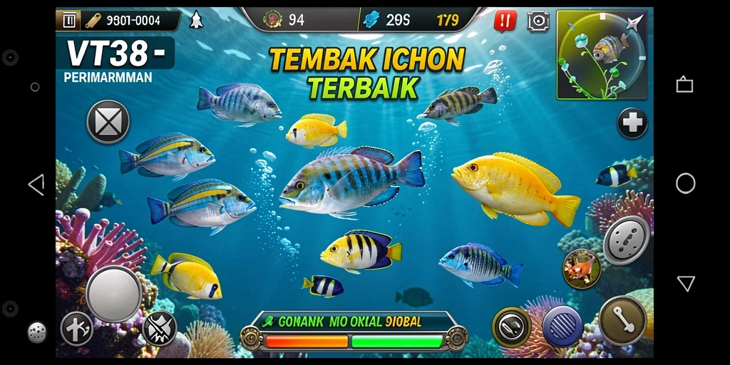 Screenshot utama VT38 menampilkan aksi seru dalam menembak ikan.