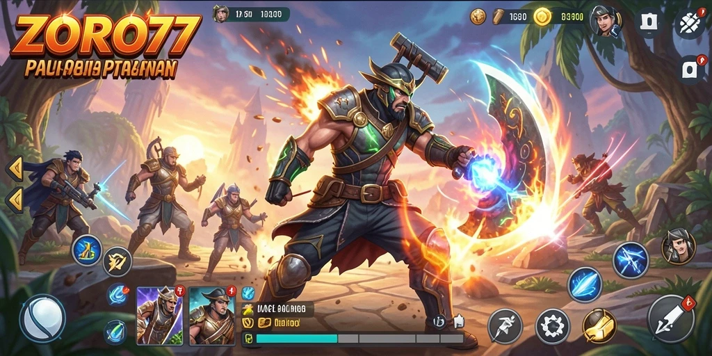 Tangkapan layar utama ZORO77 menunjukkan pertarungan seru dalam gameplay Action.